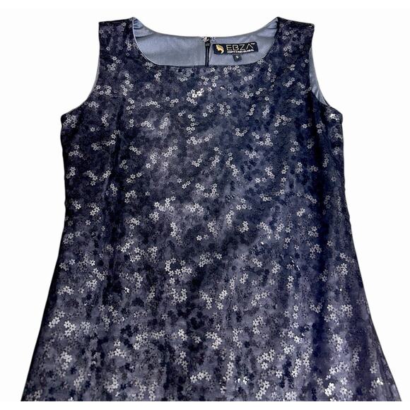 EBZA Black A-Line Dress Sz Small Mesh Floral Sequin Sleeveless Lined Knee Length - Picture 3 of 7